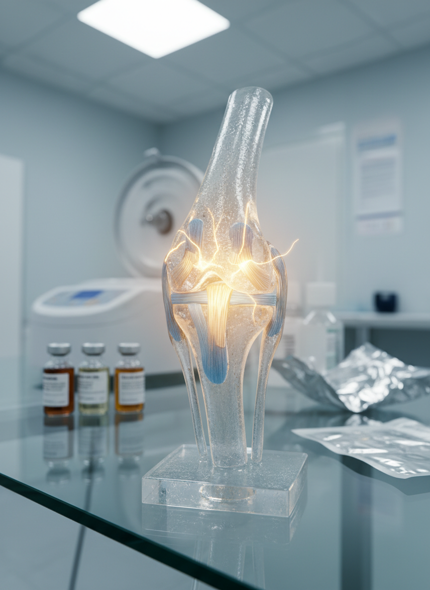 A close-up, photographic realistic scene of a joint undergoing regenerative medicine, depicted symbolically without graphic detail: a translucent, anatomically accurate knee joint model with clearly defined cartilage and ligaments rests on a clinical glass surface. Within the joint space, a subtle glow of soft golden light represents regenerative injections restoring tissue health. In the softly blurred background, small labeled vials, a centrifuge, and sterile packaging hint at advanced biologic treatments. Cool-white overhead lighting mixed with a gentle warm accent from the glowing joint creates a balanced, optimistic atmosphere. Captured at a slightly low angle to emphasize the joint, with a crisp focus on its textures and a professional, high-tech mood that rejects living with arthritic pain as inevitable.