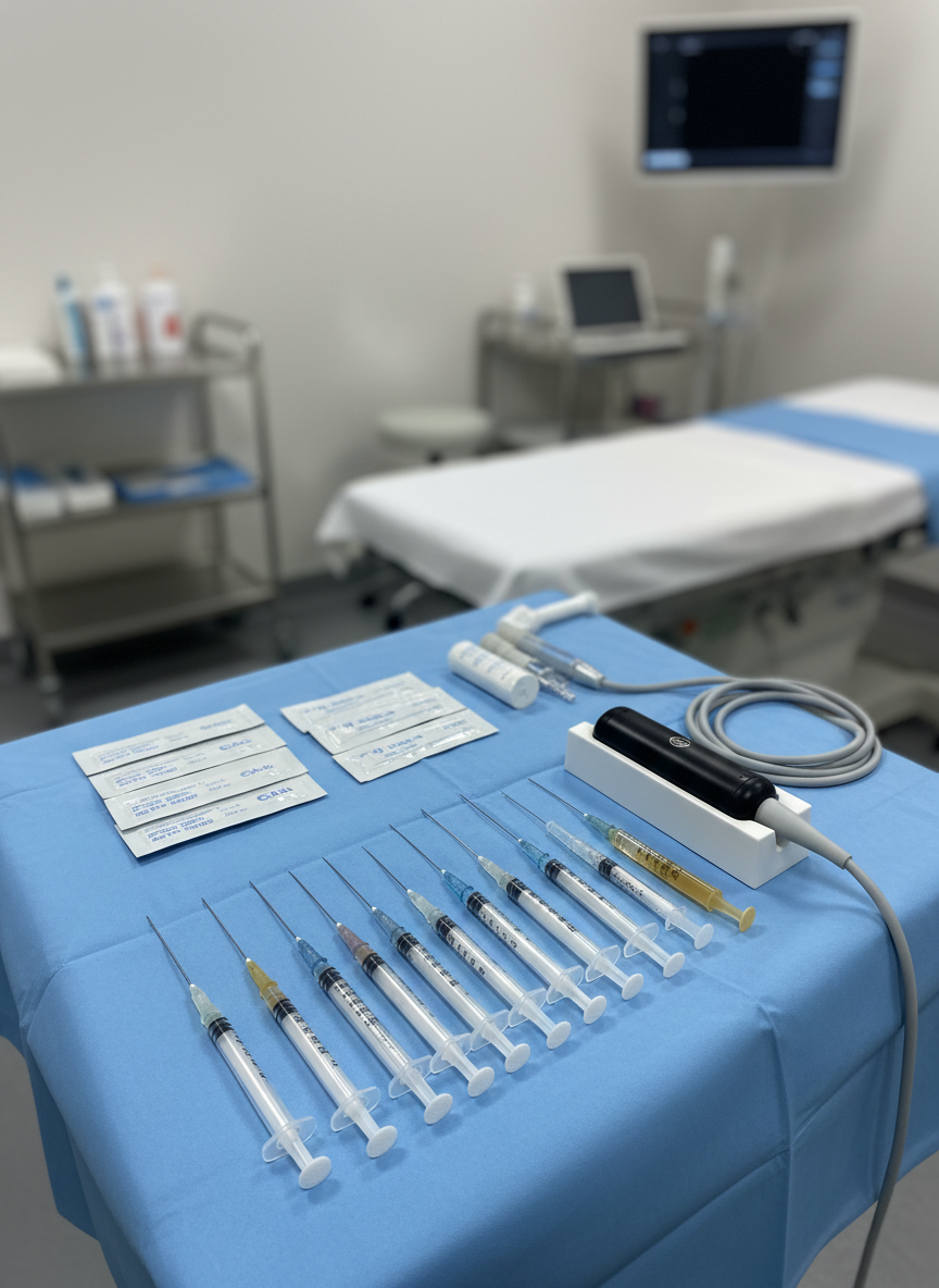 An elegant arrangement of medical tools for ultrasound-guided interventional pain procedures laid out on a sterile blue drape: fine-gauge needles, transparent syringes prefilled with clear and amber solutions, sterile ultrasound gel packets, and a sleek, compact ultrasound probe resting on its holder. The instruments are meticulously aligned, emphasizing order and safety. Overhead neutral-white surgical lighting casts soft, controlled illumination, producing subtle metallic reflections without glare. Photographic realism from a slightly elevated angle, with crisp focus on the instruments and a gently blurred background of a minimalist clinical setting. The mood is highly professional and reassuring, suggesting advanced, precise treatments that aim to restore movement and comfort rather than tolerate chronic pain.