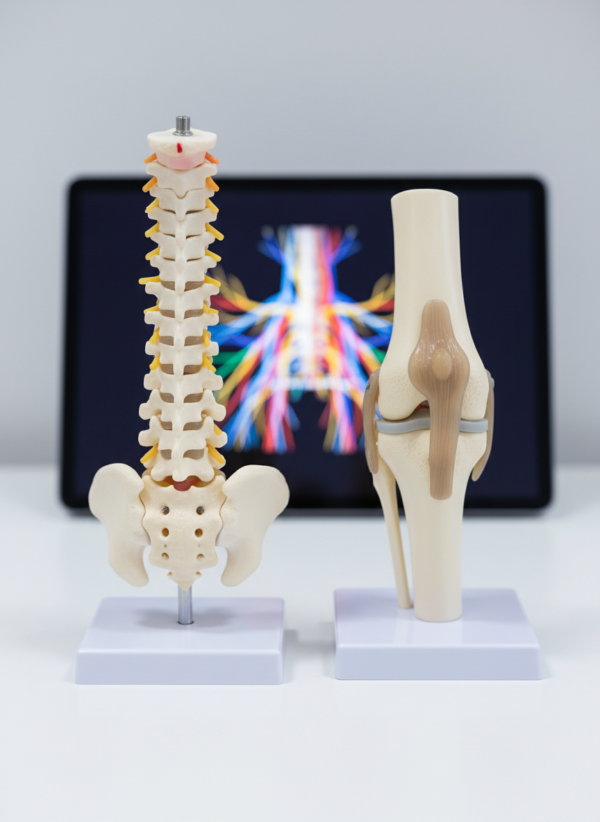 A detailed close-up of a spine model and a knee joint model representing low back pain and arthritis, both crafted from smooth, matte medical-grade plastic in neutral ivory tones, standing upright on a clean white desk. In the background, slightly blurred, a tablet screen displays a colorful 3D illustration of nerves and joints, hinting at targeted pain treatments. Cool, even studio lighting eliminates harsh shadows and highlights the textures and contours of the vertebrae and cartilage. Photographic realism with a centered composition and shallow depth of field, creating a focused, educational mood that underscores that specific sources of pain can be identified and treated through precise, interventional approaches.