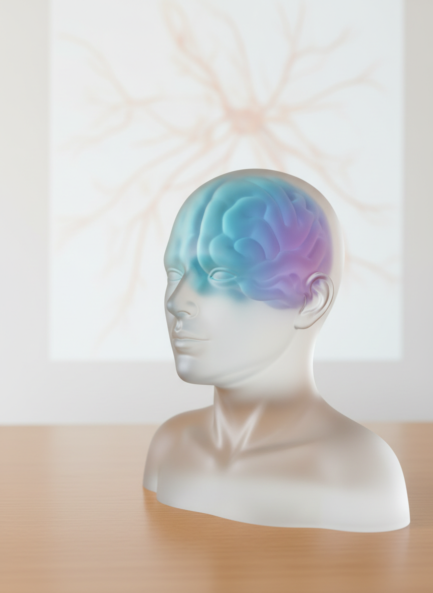 A serene, symbolic representation of relief from migraine and fibromyalgia: a stylized, semi-transparent head and upper torso model made of frosted glass, positioned on a smooth, light wooden surface. Inside the head, a gentle gradient of cool blues and soft purples replaces the usual red pain zones, suggesting calm nerves and balanced signals. Behind it, a blurred, abstract diagram of neural pathways and trigger points is projected onto a clean white wall. Soft, diffused side lighting casts delicate highlights along the glass contours, creating a peaceful, hopeful mood. Photographic realism with a three-quarter angle composition and shallow depth of field, evoking the transformation from constant pain to controlled, manageable comfort through specialized treatment.