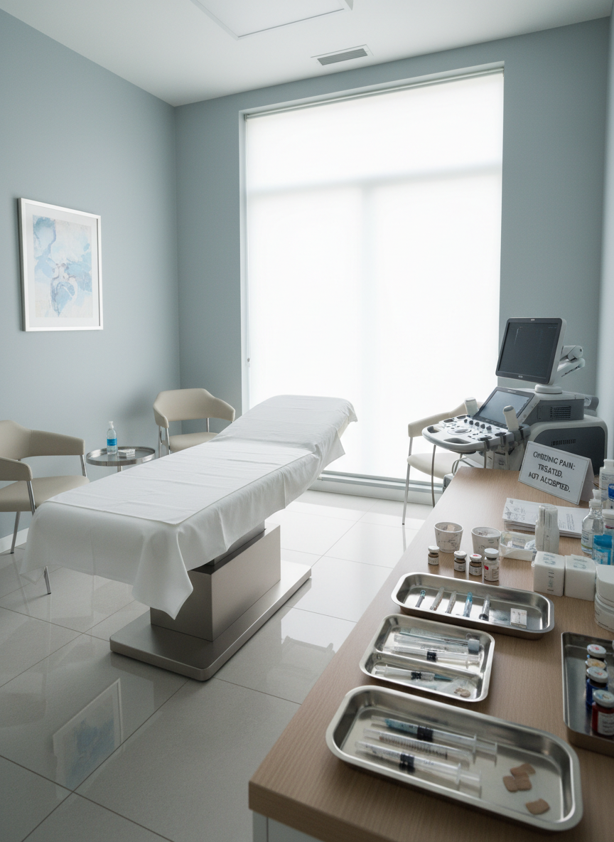A modern, uncluttered medical consultation room designed for pain medicine, with a sleek examination table covered in crisp white sheets centered in the frame. On a nearby light wood counter, a high-resolution ultrasound device stands ready beside neatly organized sterile trays, syringes, and vials associated with interventional and regenerative pain treatments. Soft, diffused daylight enters through a large frosted window, creating gentle reflections on the polished floor and equipment. Photographic realism at eye level, with a calm, professional atmosphere and a subtle depth of field that keeps the entire room in clear focus, conveying precision, safety, and the reassuring message that chronic pain is actively treated, not accepted as normal.