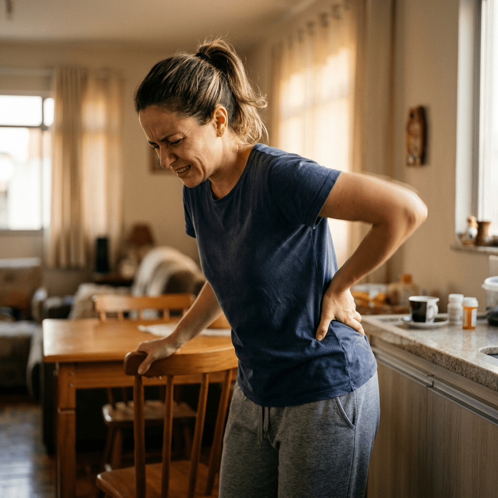 Woman holding lower back in pain, leaning on chair in kitchen