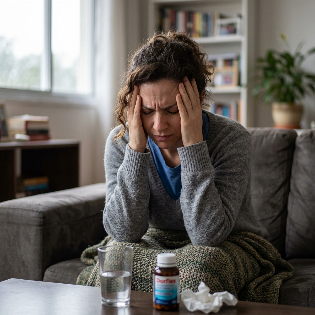 Woman with headache sitting on couch with medication, glass of water, and tissues