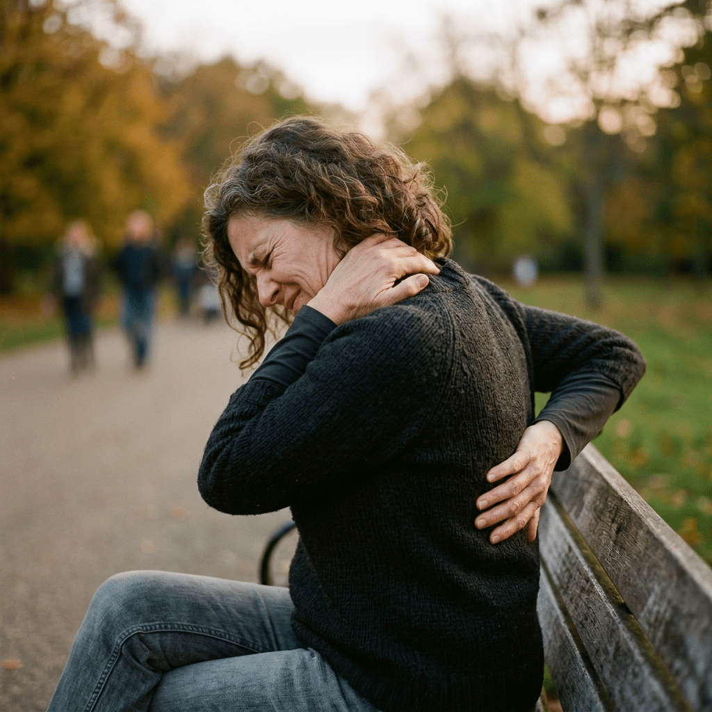 Woman in black sweater sitting on bench holding neck and lower back in pain