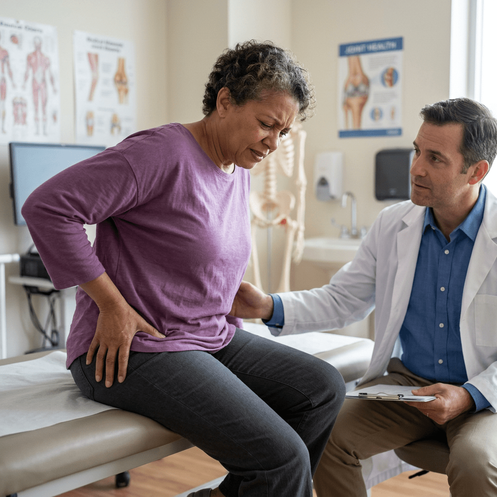 Woman sitting on exam table holding hip in pain with doctor consulting