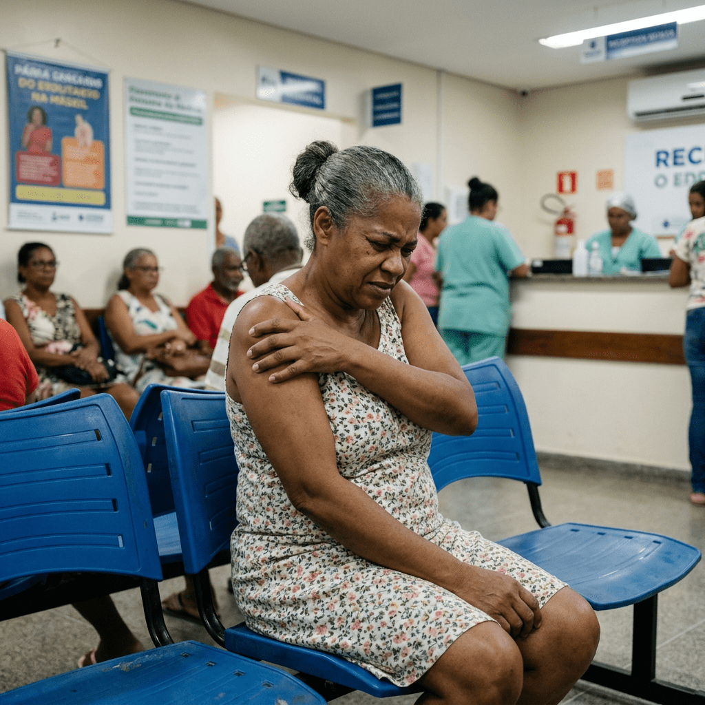 Woman in floral dress sitting in clinic waiting area holding shoulder in discomfort
